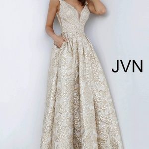 JVN2228 Champagne Plunging Neckline Evening Gown